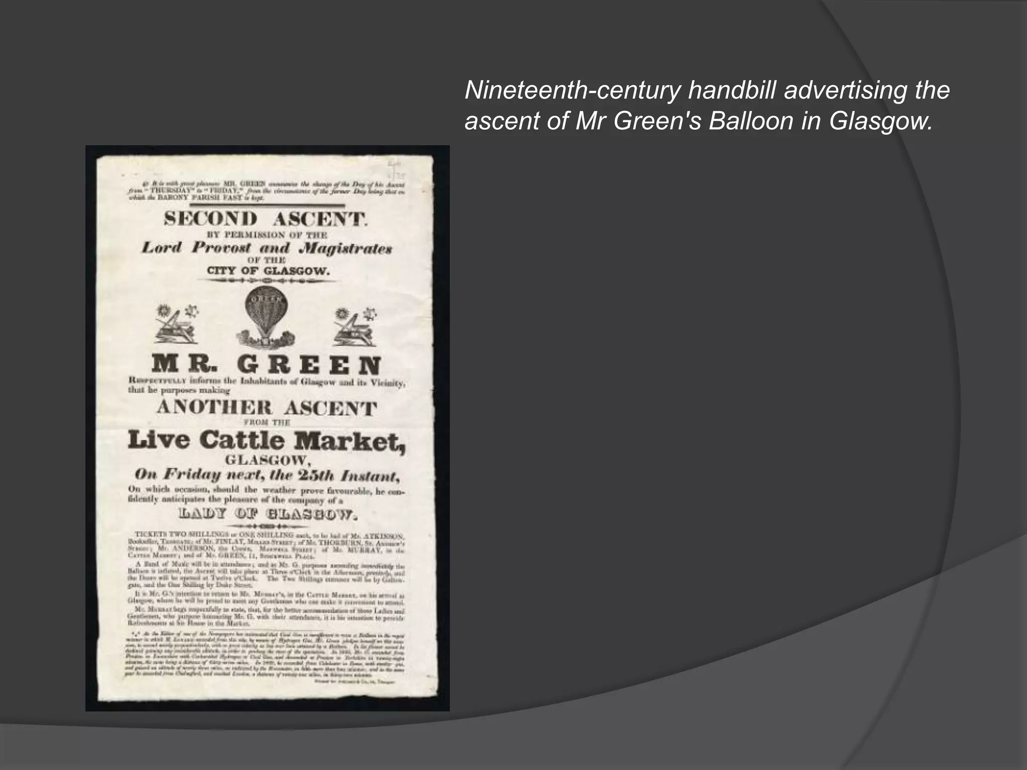 Nineteenth-century handbill advertising the ascent of Mr Green's Balloon in Glasgow.