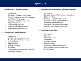Agenda (1 / 4 )
1. Introduction to Computers and Java
• Introduction
• Computers: Hardware and Software
• Machine Languages, Assembly Languages
and High- Level Languages
• Introduction to Object Technology
• Operating Systems
• Programming Languages
• Java Development Environment
• Test-Driving Java Application
2. Introduction to Java Applications
• Introduction
• Write Your First Program in Java
• Modifying Your First Java Program
• Displaying Text
• Adding Integers
• Memory Concepts
• Arithmetic
• Decision Making: Equality and Relational
• Conditional Operators
3. Introduction to Classes, Objects, Methods and Strings
• Introduction
• Declaring Class with Method and Instantiating
Object of a Class
• Declaring a Method with Parameter
• Instance Variables, set getter Methods
• Primitive vs. Reference Types
• Initializing Objects with Constructors
• Floating-Point Numbers and double
3. Control Statements: Part 1
• Introduction
• Algorithms
• Control Structures
• if Statement
• if...else Statement
• while Statement
• Compound Assignment Operators
• Increment and Decrement Operators
• Primitive Types
 