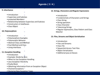 Agenda ( 3 / 4 )
9. Inheritance
• Introduction
• Superclass and Subclass
• protected Members
• Relationship between Superclass and Subclass
• Constructors in Subclasses
• Class Object
10. Polymorphism
• Introduction
• Polymorphism Examples
• Polymorphic Behavior
• Abstract Class and Method
• final Method and Class
• Using Interfaces
11. Exception Handling
• Introduction
• Example: Divide by Zero
• When to Use Exception Handling
• Java Exception Hierarchy
• finally Block
• Obtaining Information from an Exception Object
• Chained Exceptions
• Declaring New Exception Types
• Preconditions and Post-conditions
12. Strings, Characters and Regular Expressions
• Introduction
• Fundamentals of Characters and Strings
• Class String
• String operation
• Class Character
• Tokenizing Strings
• Regular Expressions, Class Pattern and Class
Matcher
13. Files, Streams and Object Serialization
• Introduction
• Files and Streams
• Class File
• Sequential-Access Text Files
• Object Serialization
• Additional java.io Classes
 