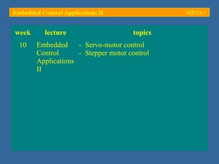 Embedded Control Applications II               MP10-1


week       lecture                    topics
  10    Embedded     - Servo-motor control
        Control      - Stepper motor control
        Applications
        II
 
