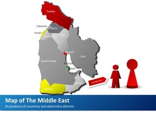 Illustrations of countntry and administry districts Map of The Middle East Turkey Saudi Arabia Iran Kuwait Irak Lebanon Israel Jordan Yemen Oman Qatar Bahrain U.A.E. Syria Example text 