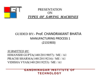 PRESENTATION
ON
TYPES OF SAWING MACHINES
GUIDED BY:- Prof. CHANDRAKANT BHATIA
MANUFACTURING PROCESS 1
SUBMITTED BY:
HIMANSHI GUPTA(140120119057) / ME / A1
PRACHI SHARMA(140120119216) / ME / A1
VIDISHA VYAS(140120119253) / ME / A1
(2131903)
GA N D H IN A GA R IN STITU TE OF
TEC H N OLOGY
 