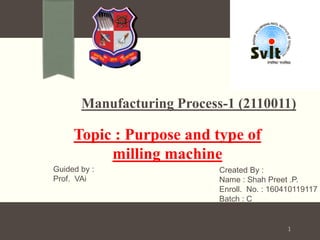 Manufacturing Process-1 (2110011)
Guided by :
Prof. VAi
Created By :
Name : Shah Preet .P.
Enroll. No. : 160410119117
Batch : C
Dept : Mechanical
Topic : Purpose and type of
milling machine
1
 