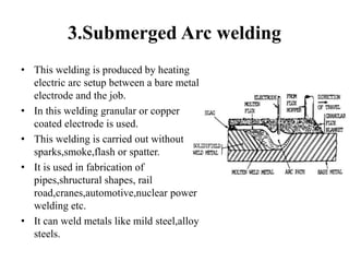 3.Submerged Arc welding
• This welding is produced by heating
electric arc setup between a bare metal
electrode and the job.
• In this welding granular or copper
coated electrode is used.
• This welding is carried out without
sparks,smoke,flash or spatter.
• It is used in fabrication of
pipes,shructural shapes, rail
road,cranes,automotive,nuclear power
welding etc.
• It can weld metals like mild steel,alloy
steels.
 