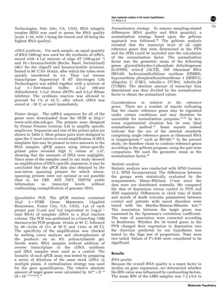 Technologies, Palo Alto, CA, USA). RNA integrity 
number (RIN) was used to assess the RNA quality 
(scale 1–10, with 1 being the lowest and 10 being the 
highest RNA quality). 
cDNA synthesis. For each sample, an equal quantity 
of RNA (300 ng) was used for the synthesis of cDNA, 
mixed with 4.1 ml mixture of oligo dT (100 mgml1) 
and 10hexanucleotide (Roche, Basel, Switzerland) 
(40:1 for the oligodT and hexanucleotide mixture), 
heated to 80 1C for 10 min, after which the tubes were 
quickly transferred to ice. Then 1 ml reverse 
transcriptase Superscript II RT (Invitrogen Life 
Technologies) was added together with a mixture of 
5 ml 5first-strand buffer, 2.5 ml 100mM 
dithiothreitol, 1.5 ml 10mM dNTPs and 0.5 ml RNase 
inhibitor. The synthesis reaction was allowed to 
proceed for 1 h at 42 1C, after which cDNA was 
stored at 20 1C or used immediately. 
Primer design. The mRNA sequences for all of the 
genes were downloaded from the NCBI at http:// 
www.ncbi.nlm.nih.gov. The primers were designed 
by Primer Premier (version 5.0) to amplify specific 
amplicons. Sequences and size of the primer pairs are 
shown in Table 2. Most primer pairs were designed to 
span the 30-most intron to avoid amplification of DNA 
templates that may be present in trace amounts in the 
RNA samples. qPCR assays using intron-specific 
primer pairs revealed high Ct values of X37, 
showing that the amounts of DNA were negligible. 
Since none of the samples used in our study showed 
an amplification of DNA-specific sequences, it may be 
concluded that the qPCR data also obtained by the 
non-intron spanning primers for which intron-spanning 
primers were not optimal or not possible 
(that is, for CRF, AVP, OXT, HSP70) yields 
information on transcript levels without 
confounding coamplification of genomic DNA. 
Quantitative PCR. The qPCR reaction contained 
10 ml 2SYBR Green Mastermix (Applied 
Biosystems, Foster City, CA, USA), 1 ml of each 
primer pair (1 mM) and 5 ml (equivalent to 2 ng ml1 
total RNA) of template cDNA in a 20 ml reaction 
volume. The PCR was performed in a GeneAmp 7300 
thermocycler PCR program: 10 min at 95 1C, followed 
by 40 cycles of 15 s at 95 1C and 1 min at 60 1C). 
The specificity of the amplification was checked 
by melting curve analysis and electrophoresis of 
the products on an 8% polyacrylamide gel. 
Sterile water, RNA samples without addition of 
reverse transcriptase in the cDNA synthesis 
and DNA samples were used as a control. The 
linearity of each qPCR assay was tested by preparing 
a series of dilutions of the same stock cDNA in 
multiple plates. A normalization strategy was used 
for the gene quantification. The relative absolute 
amount of target genes were calculated by 1010Ect 
(E=10(1/slope)).37 
Gene expression analysis in the human hypothalamus 
S-S Wang et al 
Normalization strategy. To remove sampling-related 
differences (RNA quality and RNA quantity), a 
normalization strategy based upon the geNorm 
approach was followed.38 The geNorm analysis 
revealed that the transcript level of all eight 
reference genes that were determined in the PVN 
and the SON could be included into the calculation 
of the normalization factor. The normalization 
factor was the geometric mean of the following 
genes: glyceraldehydes-3-phosphate dehydrogenase 
(GAPDH), actin-b (ACTb), 18S ribosomal RNA 
(RN18S, hydroxymethylbilane synthase (HMBS), 
hypoxanthine phosphoribosyltransferase 1 (HPRT1), 
ubiquitin C (UBC), tubulin-a (TUBa), tubulin-b4 
(TUBb4). The absolute amount of transcript thus 
determined was then divided by the normalization 
factor to obtain the normalized values. 
Considerations in relation to the reference 
genes. There are a number of reports indicating 
that the classic reference genes may be regulated 
under certain conditions and may therefore be 
unsuitable for normalization purposes.39,40 In fact, 
every experimental situation has its own ideal 
normalization method.41 Some reports indeed 
indicate that the use of the internal standards 
comprising single reference genes or ribosomal RNA 
is inappropriate,42 such as RN18S.43 In the present 
study, we therefore chose to combine reference genes 
according to the geNorm program, using the pair-wise 
comparison. We used the geometric mean as the 
normalization factor.38 
Statistic analysis 
Statistic analysis was conducted with SPSS (version 
11.5, SPSS Incorporation). The differences between 
the groups were statistically evaluated by the 
nonparametric Mann–Whitney U-test since the 
data were not distributed normally. We compared 
the data of depression versus control in PVN and 
SON separately. Differences in clock time of death 
and month of death (circular parameters) between 
control and patients with mood disorders were 
tested with the Mardia–Watson–Wheeler test.44 
The association between the target genes was 
examined by the Spearman’s correlation coefficient. 
The tests of association were corrected according 
to Bonferroni. Whether the 16 tested genes in the 
PVN changed their expression in depression into 
the direction predicted by our hypothesis was 
tested by the Sign test of proportions. Tests were 
two tailed. Values of P  0.05 were considered to be 
significant. 
Results 
RNA quality 
Because the overall RNA quality is a major factor in 
studies on gene expression, we determined whether 
the RIN value was influenced by confounding factors. 
The mean RIN of the LMD samples was 7.2±0.6 in 
791 
Molecular Psychiatry 
 