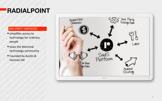 RADIALPOINT

 3RD-PARTY SERVICES
• simpliﬁes  access  to  
  technology  for  ordinary  
  people
• loves  the  Montreal  
  technology  community
• Founded  by  AusOn  &  
  Hamnet  Hill




                                5
 