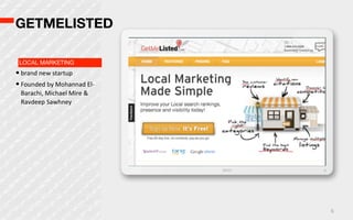 GETMELISTED

 LOCAL MARKETING
• brand  new  startup
• Founded  by  Mohannad  El-­‐
  Barachi,  Michael  Mire  &  
  Ravdeep  Sawhney




                                 6
 