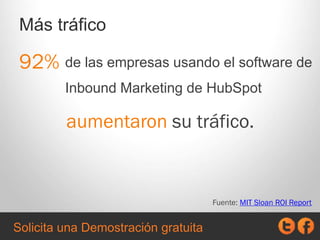 de las empresas usando el software de
Inbound Marketing de HubSpot
Más tráfico
92%
aumentaron su tráfico.
Fuente: MIT Sloa...