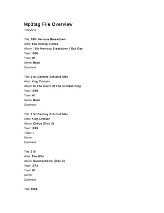 Mp3tag File Overview
10/7/2012


Title: 19th Nervous Breakdown
Artist: The Rolling Stones
Album: 19th Nervous Breakdown / Sad Day
Year: 1966
Track: 01
Genre: Rock
Comment:


Title: 21st Century Schizoid Man
Artist: King Crimson
Album: In The Court Of The Crimson King
Year: 1969
Track: 01
Genre: Rock
Comment:


Title: 21st Century Schizoid Man
Artist: King Crimson
Album: Cirkus (Disc 2)
Year: 1999
Track: 1
Genre:
Comment:


Title: 515
Artist: The Who
Album: Quadrophenia (Disc 2)
Year: 1973
Track: 01
Genre:
Comment:


Title: 1984
 