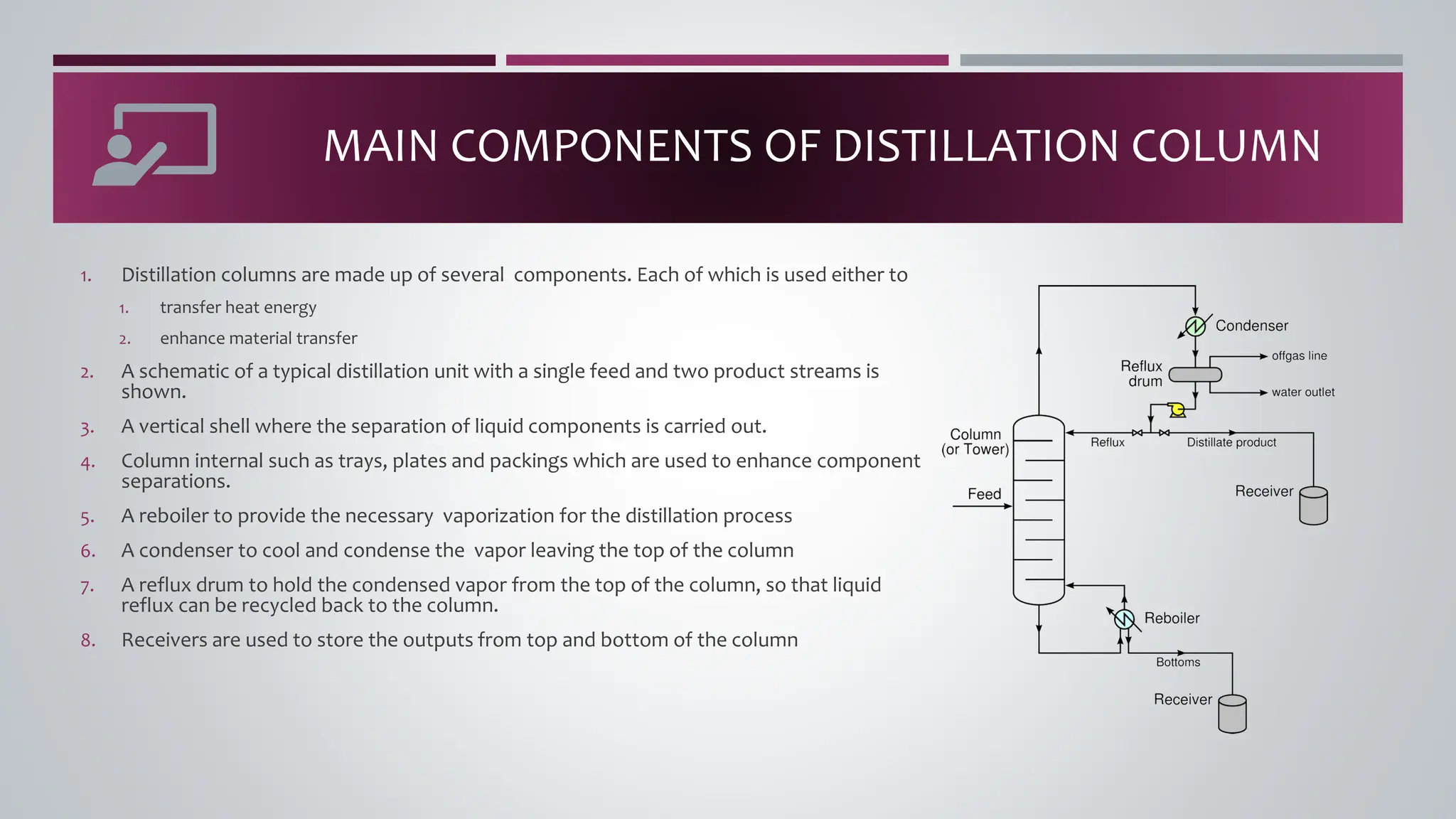 MAIN COMPONENTS OF DISTILLATION COLUMN
1. Distillation columns are made up of several components. Each of which is used either to
1. transfer heat energy
2. enhance material transfer
2. A schematic of a typical distillation unit with a single feed and two product streams is
shown.
3. A vertical shell where the separation of liquid components is carried out.
4. Column internal such as trays, plates and packings which are used to enhance component
separations.
5. A reboiler to provide the necessary vaporization for the distillation process
6. A condenser to cool and condense the vapor leaving the top of the column
7. A reflux drum to hold the condensed vapor from the top of the column, so that liquid
reflux can be recycled back to the column.
8. Receivers are used to store the outputs from top and bottom of the column
 
