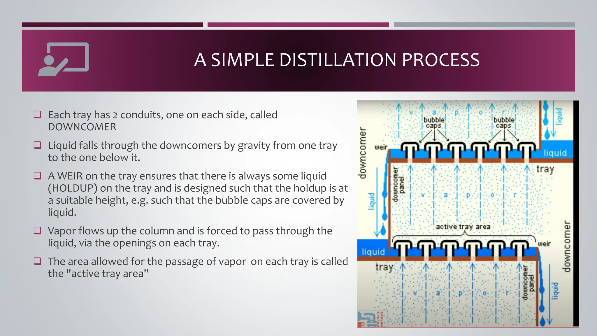 A SIMPLE DISTILLATION PROCESS
❑ Each tray has 2 conduits, one on each side, called
DOWNCOMER
❑ Liquid falls through the downcomers by gravity from one tray
to the one below it.
❑ A WEIR on the tray ensures that there is always some liquid
(HOLDUP) on the tray and is designed such that the holdup is at
a suitable height, e.g. such that the bubble caps are covered by
liquid.
❑ Vapor flows up the column and is forced to pass through the
liquid, via the openings on each tray.
❑ The area allowed for the passage of vapor on each tray is called
the "active tray area"
 
