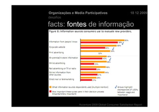 Organizações e Media Participativos                       18 12 2009
desafios

facts: fontes de informação




                  Accenture 2009 Global Consumer Satisfaction Report
 