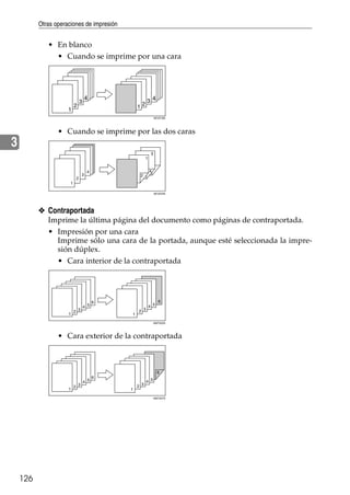 Otras operaciones de impresión
126
3
• En blanco
• Cuando se imprime por una cara
• Cuando se imprime por las dos caras
❖ Contraportada
Imprime la última página del documento como páginas de contraportada.
• Impresión por una cara
Imprime sólo una cara de la portada, aunque esté seleccionada la impre-
sión dúplex.
• Cara interior de la contraportada
• Cara exterior de la contraportada
AEV018S
AEV033S
AMT202S
AMT207S
 