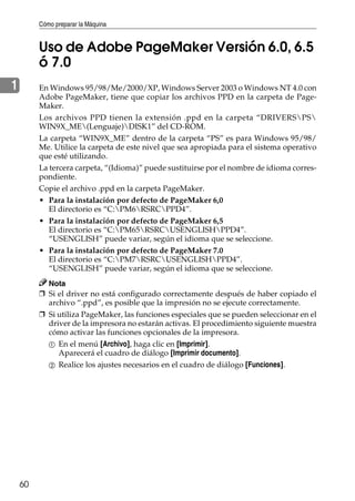 Cómo preparar la Máquina
60
1
Uso de Adobe PageMaker Versión 6.0, 6.5
ó 7.0
En Windows 95/98/Me/2000/XP, Windows Server 2003 o Windows NT 4.0 con
Adobe PageMaker, tiene que copiar los archivos PPD en la carpeta de Page-
Maker.
Los archivos PPD tienen la extensión .ppd en la carpeta “DRIVERSPS
WIN9X_ME(Lenguaje)DISK1” del CD-ROM.
La carpeta “WIN9X_ME” dentro de la carpeta “PS” es para Windows 95/98/
Me. Utilice la carpeta de este nivel que sea apropiada para el sistema operativo
que esté utilizando.
La tercera carpeta, “(Idioma)” puede sustituirse por el nombre de idioma corres-
pondiente.
Copie el archivo .ppd en la carpeta PageMaker.
• Para la instalación por defecto de PageMaker 6,0
El directorio es “C:PM6RSRCPPD4”.
• Para la instalación por defecto de PageMaker 6,5
El directorio es “C:PM65RSRCUSENGLISHPPD4”.
“USENGLISH” puede variar, según el idioma que se seleccione.
• Para la instalación por defecto de PageMaker 7.0
El directorio es “C:PM7RSRCUSENGLISHPPD4”.
“USENGLISH” puede variar, según el idioma que se seleccione.
Nota
❒ Si el driver no está configurado correctamente después de haber copiado el
archivo “.ppd”, es posible que la impresión no se ejecute correctamente.
❒ Si utiliza PageMaker, las funciones especiales que se pueden seleccionar en el
driver de la impresora no estarán activas. El procedimiento siguiente muestra
cómo activar las funciones opcionales de la impresora.
A En el menú [Archivo], haga clic en [Imprimir].
Aparecerá el cuadro de diálogo [Imprimir documento].
B Realice los ajustes necesarios en el cuadro de diálogo [Funciones].
 