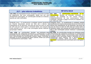Prof. Antonio Daud Jr 2 de 5
DIREITO DO TRABALHO
Prof. Antonio Daud Jr
CLT – pós-reforma trabalhista MP 873/2019
“Art. 545. Os empregadores ficam obrigados a descontar da folha
de pagamento dos seus empregados, desde que por eles
devidamente autorizados, as contribuições devidas ao sindicato,
quando por este notificados.
Art. 545. As contribuições facultativas ou as
mensalidades devidas ao sindicato, previstas no
estatuto da entidade ou em norma coletiva,
independentemente de sua nomenclatura, serão
recolhidas, cobradas e pagas na forma do disposto nos
art. 578 e art. 579.
Parágrafo único - O recolhimento à entidade sindical beneficiária
do importe descontado deverá ser feito até o décimo dia
subseqüente ao do desconto, sob pena de juros de mora no valor
de 10% (dez por cento) sobre o montante retido, sem prejuízo da
multa prevista no art. 553 e das cominações penais relativas à
apropriação indébita.
Parágrafo único - O recolhimento à entidade sindical
beneficiária do importe descontado deverá ser feito até o
décimo dia subseqüente ao do desconto, sob pena de
juros de mora no valor de 10% (dez por cento) sobre o
montante retido, sem prejuízo da multa prevista no art.
553 e das cominações penais relativas à apropriação
indébita.
“Art. 578. As contribuições devidas aos sindicatos pelos
participantes das categorias econômicas ou profissionais ou das
profissões liberais representadas pelas referidas entidades serão,
sob a denominação de contribuição sindical, pagas, recolhidas e
aplicadas na forma estabelecida neste Capítulo, desde que prévia
e expressamente autorizadas.” (NR)
Art. 578. As contribuições devidas aos sindicatos pelos
participantes das categorias econômicas ou profissionais
ou das profissões liberais representadas pelas referidas
entidades serão recolhidas, pagas e aplicadas na forma
estabelecida neste Capítulo, sob a denominação de
contribuição sindical, desde que prévia, voluntária,
individual e expressamente autorizado pelo empregado.”
(NR)
 
