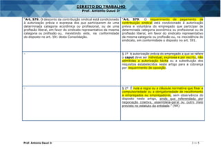 Prof. Antonio Daud Jr 3 de 5
DIREITO DO TRABALHO
Prof. Antonio Daud Jr
“Art. 579. O desconto da contribuição sindical está condicionado
à autorização prévia e expressa dos que participarem de uma
determinada categoria econômica ou profissional, ou de uma
profissão liberal, em favor do sindicato representativo da mesma
categoria ou profissão ou, inexistindo este, na conformidade
do disposto no art. 591 desta Consolidação.
“Art. 579. O requerimento de pagamento da
contribuição sindical está condicionado à autorização
prévia e voluntária do empregado que participar de
determinada categoria econômica ou profissional ou de
profissão liberal, em favor do sindicato representativo
da mesma categoria ou profissão ou, na inexistência do
sindicato, em conformidade o disposto no art. 591.
- § 1º A autorização prévia do empregado a que se refere
o caput deve ser individual, expressa e por escrito, não
admitidas a autorização tácita ou a substituição dos
requisitos estabelecidos neste artigo para a cobrança
por requerimento de oposição.
- § 2º É nula a regra ou a cláusula normativa que fixar a
compulsoriedade ou a obrigatoriedade de recolhimento
a empregados ou empregadores, sem observância do
disposto neste artigo, ainda que referendada por
negociação coletiva, assembleia-geral ou outro meio
previsto no estatuto da entidade.” (NR)
 