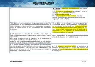 Prof. Antonio Daud Jr 4 de 5
DIREITO DO TRABALHO
Prof. Antonio Daud Jr
- “Art. 579-A. Podem ser exigidas somente dos filiados
ao sindicato:
I - a contribuição confederativa de que trata o inciso IV
do caput do art. 8º da Constituição;
II - a mensalidade sindical; e
III - as demais contribuições sindicais, incluídas
aquelas instituídas pelo estatuto do sindicato ou por
negociação coletiva.” (NR)
“Art. 582. Os empregadores são obrigados a descontar da folha
de pagamento de seus empregados relativa ao mês de março de
cada ano a contribuição sindical dos empregados que autorizaram
prévia e expressamente o seu recolhimento aos respectivos
sindicatos.
“Art. 582. A contribuição dos empregados que
autorizarem, prévia e expressamente, o recolhimento
da contribuição sindical será feita exclusivamente por
meio de boleto bancário ou equivalente eletrônico, que
será encaminhado obrigatoriamente à residência do
empregado ou, na hipótese de impossibilidade de
recebimento, à sede da empresa.
§ 1º Considera-se um dia de trabalho, para efeito de
determinação da importância a que alude o item I do Art. 580, o
equivalente:
a) a uma jornada normal de trabalho, se o pagamento ao
empregado for feito por unidade de tempo;
b) a 1/30 (um trinta avos) da quantia percebida no mês anterior,
se a remuneração for paga por tarefa, empreitada ou comissão.
§ 1º A inobservância ao disposto neste artigo ensejará a
aplicação do disposto no art. 598 [multa].
§ 2º Quando o salário for pago em utilidades, ou nos casos em
que o empregado receba, habitualmente, gorjetas, a contribuição
sindical corresponderá a 1/30 (um trinta avos) da importância que
tiver servido de base, no mês de janeiro, para a contribuição do
empregado à Previdência Social.
§ 2º É vedado o envio de boleto ou equivalente à
residência do empregado ou à sede da empresa, na
hipótese de inexistência de autorização prévia e expressa
do empregado.
 