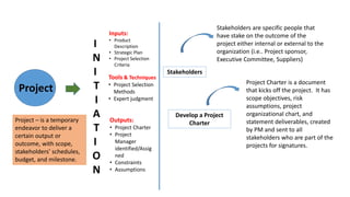 I
N
I
T
I
A
T
I
O
N
Project
Project – is a temporary
endeavor to deliver a
certain output or
outcome, with scope,
stakeholders’ schedules,
budget, and milestone.
Stakeholders
Develop a Project
Charter
Stakeholders are specific people that
have stake on the outcome of the
project either internal or external to the
organization (i.e.. Project sponsor,
Executive Committee, Suppliers)
Project Charter is a document
that kicks off the project. It has
scope objectives, risk
assumptions, project
organizational chart, and
statement deliverables, created
by PM and sent to all
stakeholders who are part of the
projects for signatures.
Inputs:
• Product
Description
• Strategic Plan
• Project Selection
Criteria
Tools & Techniques
• Project Selection
Methods
• Expert judgment
Outputs:
• Project Charter
• Project
Manager
identified/Assig
ned
• Constraints
• Assumptions
 