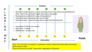 P
L
A
N
N
I
N
G
M
A
P
Start Finish
Timelines
Deliverables
• Brainstorm project process. consult members of your team about your development
plans - they may contribute insights that you've overlooked
• Review process and look for areas of improvement
• Explain the whys of working from start to finish
• Sequential steps – linearly step by step of what should be executed
• How deep of a PM do you create?
• High Level – in depth
• Middle level – process map
Note: The conclusion of a project is marked by a review of both key deliverables and project
performance to date
Phase-end-review are called -phase exits, stage gates or kill points
 