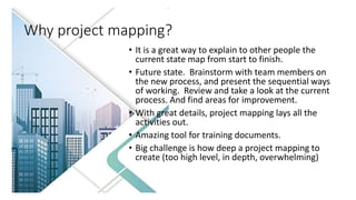 Why project mapping?
• It is a great way to explain to other people the
current state map from start to finish.
• Future state. Brainstorm with team members on
the new process, and present the sequential ways
of working. Review and take a look at the current
process. And find areas for improvement.
• With great details, project mapping lays all the
activities out.
• Amazing tool for training documents.
• Big challenge is how deep a project mapping to
create (too high level, in depth, overwhelming)
 