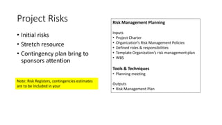 Project Risks
• Initial risks
• Stretch resource
• Contingency plan bring to
sponsors attention
Note: Risk Registers, contingencies estimates
are to be included in your
Risk Management Planning
Inputs
• Project Charter
• Organization’s Risk Management Policies
• Defined roles & responsibilities
• Template Organization’s risk management plan
• WBS
Tools & Techniques
• Planning meeting
Outputs
• Risk Management Plan
 