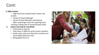 Cont:
5. WBS Creation
• High-level and complex break it down into
buckets
• Version A Project Manager
• Version B Team Members contributing
Note: need longer hours for inputting; team
creating it taking note of vacation/travel sched
6. Layout next step for everybody
• Initial tasks to execute
• Tasks items in WBS are send to team members.
• Guide, lead, make sure that team members are
accountable down the road
• Bring agility from A-Z
 