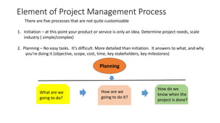 Element of Project Management Process
There are five processes that are not quite customizable
1. Initiation – at this point your product or service is only an idea. Determine project needs, scale
industry ( simple/complex)
2. Planning – No easy tasks. It’s difficult. More detailed than initiation. It answers to what, and why
you’re doing it (objective, scope, cost, time, key stakeholders, key milestones)
Planning
What are we
going to do?
How are we
going to do it?
How do we
know when the
project is done?
 