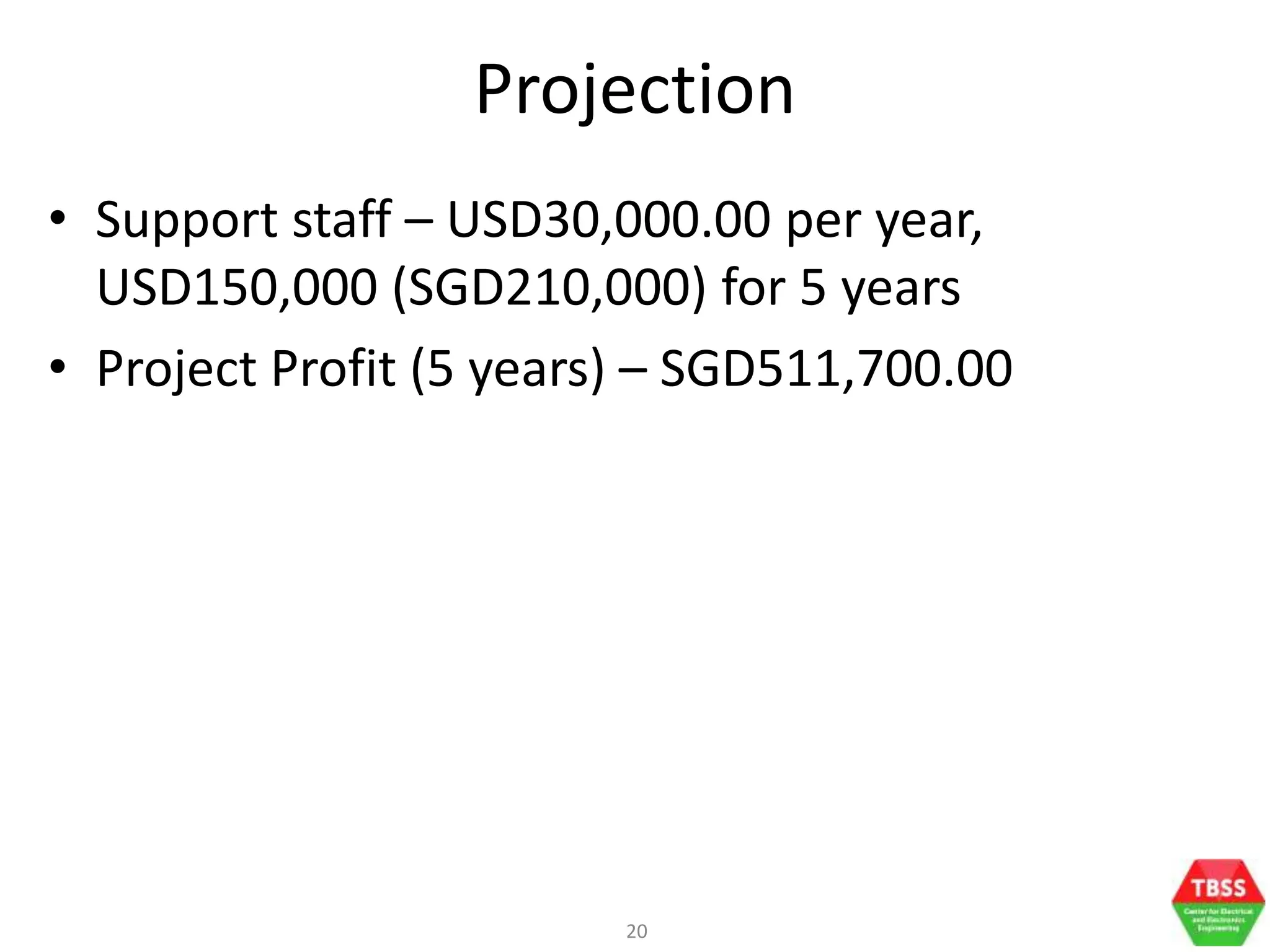 20
Projection
• Support staff – USD30,000.00 per year,
USD150,000 (SGD210,000) for 5 years
• Project Profit (5 years) – SGD511,700.00
 