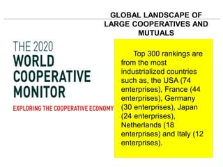 GLOBAL LANDSCAPE OF
LARGE COOPERATIVES AND
MUTUALS
Top 300 rankings are
from the most
industrialized countries
such as, the USA (74
enterprises), France (44
enterprises), Germany
(30 enterprises), Japan
(24 enterprises),
Netherlands (18
enterprises) and Italy (12
enterprises).
 