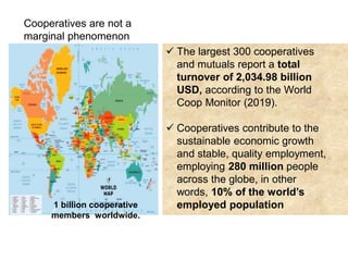  The largest 300 cooperatives
and mutuals report a total
turnover of 2,034.98 billion
USD, according to the World
Coop Monitor (2019).
 Cooperatives contribute to the
sustainable economic growth
and stable, quality employment,
employing 280 million people
across the globe, in other
words, 10% of the world’s
employed population
Cooperatives are not a
marginal phenomenon
1 billion cooperative
members worldwide.
 