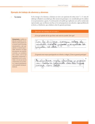 9
Mapa de Progreso Democracia y Desarrollo
Ejemplo de trabajo de alumnos y alumnas
•	 La tarea: Se les entregó a los alumnos y alumnas un texto con opiniones de niños entre 7 y 11 años de
edad que reflejaba la necesidad que ellos sienten de participar y ser considerados por los adultos
en sus pensamientos y gustos. A continuación se les pidió que explicaran con cuál se sentían más
representados, que escribieran una frase en la cual propusieran una solución a algún problema de
su barrio, y, finalmente, que señalaran cómo les gustaría participar.
•	 Ejemplo de trabajo en el nivel »
¿Con qué opinión de las que leíste estás más de acuerdo? ¿Por qué?
Comentario: Justifica su
elección poniendo en evi-
dencia su preocupación por
un asunto que le incumbe
directamente y del cual,
además, se siente respon-
sable. Asimismo, es capaz
de proponer una solución
concreta a un problema
de su barrio, con la cual
demuestra compromiso y
pertenencia con la comu-
nidad, a la vez que asume
compromisos con su entor-
no, y valora la participación
como expresión de esa per-
tenencia.
¿Te gustaría tener mayor participación en tu barrio o colegio? ¿Cómo te gustaría participar?
 