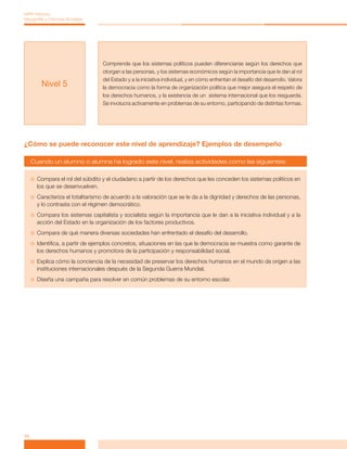 Comprende que los sistemas políticos pueden diferenciarse según los derechos que
otorgan a las personas, y los sistemas económicos según la importancia que le dan al rol
del Estado y a la iniciativa individual, y en cómo enfrentan el desafío del desarrollo. Valora
la democracia como la forma de organización política que mejor asegura el respeto de
los derechos humanos, y la existencia de un sistema internacional que los resguarda.
Se involucra activamente en problemas de su entorno, participando de distintas formas.
Nivel 5
14
MPA Historia,
Geografía y Ciencias Sociales
¿Cómo se puede reconocer este nivel de aprendizaje? Ejemplos de desempeño
Cuando un alumno o alumna ha logrado este nivel, realiza actividades como las siguientes:

 Compara el rol del súbdito y el ciudadano a partir de los derechos que les conceden los sistemas políticos en
los que se desenvuelven.

 Caracteriza el totalitarismo de acuerdo a la valoración que se le da a la dignidad y derechos de las personas,
y lo contrasta con el régimen democrático.

 Compara los sistemas capitalista y socialista según la importancia que le dan a la iniciativa individual y a la
acción del Estado en la organización de los factores productivos.

 Compara de qué manera diversas sociedades han enfrentado el desafío del desarrollo.

 Identifica, a partir de ejemplos concretos, situaciones en las que la democracia se muestra como garante de
los derechos humanos y promotora de la participación y responsabilidad social.

 Explica cómo la conciencia de la necesidad de preservar los derechos humanos en el mundo da origen a las
instituciones internacionales después de la Segunda Guerra Mundial.

 Diseña una campaña para resolver en común problemas de su entorno escolar.
 