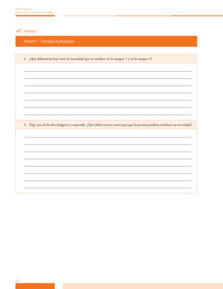 ?	Anexo
Nivel 1 / Tareas Aplicadas
22
MPA Historia,
Geografía y Ciencias Sociales
2.	 ¿Que diferencias hay entre la necesidad que se satisface en la imagen 1 y en la imagen 2?
3.	 Elige una de las dos imágenes y responde. ¿Qué debió ocurrir antes para que la persona pudiera satisfacer su necesidad?
 