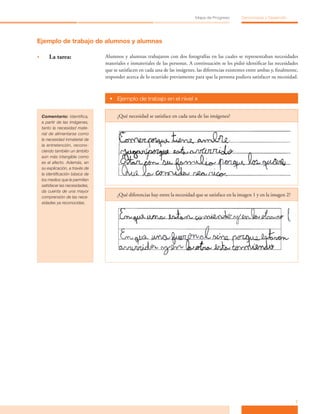 7
Mapa de Progreso Democracia y Desarrollo
Ejemplo de trabajo de alumnos y alumnas
•	 La tarea: Alumnos y alumnas trabajaron con dos fotografías en las cuales se representaban necesidades
materiales e inmateriales de las personas. A continuación se les pidió identificar las necesidades
que se satisfacen en cada una de las imágenes, las diferencias existentes entre ambas y, finalmente,
responder acerca de lo ocurrido previamente para que la persona pudiera satisfacer su necesidad.
•	 Ejemplo de trabajo en el nivel »
Comentario: Identifica,
a partir de las imágenes,
tanto la necesidad mate-
rial de alimentarse como
la necesidad inmaterial de
la entretención, recono-
ciendo también un ámbito
aún más intangible como
es el afecto. Además, en
su explicación, a través de
la identificación básica de
los medios que le permiten
satisfacer las necesidades,
da cuenta de una mayor
comprensión de las nece-
sidades ya reconocidas.
¿Qué necesidad se satisface en cada una de las imágenes?
¿Qué diferencias hay entre la necesidad que se satisface en la imagen 1 y en la imagen 2?
 