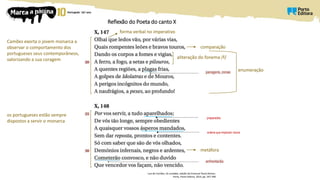 Reflexão do Poeta do canto X
Luís de Camões, Os Lusíadas, edição de Emanuel Paulo Ramos,
Porto, Porto Editora, 2014, pp. 347-348
Camões exorta o jovem monarca a
observar o comportamento dos
portugueses seus contemporâneos,
valorizando a sua coragem
os portugueses estão sempre
dispostos a servir o monarca
comparação
aliteração do fonema /f/
enumeração
preparados
ordens que implicam riscos
metáfora
forma verbal no imperativo
 