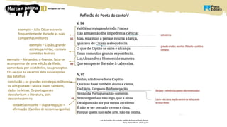 Reflexão do Poeta do canto V
exemplo – Júlio César escrevia
frequentemente durante as suas
campanhas militares
Luís de Camões, Os Lusíadas, edição de Emanuel Paulo Ramos,
Porto, Porto Editora, 2014, p. 211
exemplo – Cipião, grande
estratega militar, escrevia
comédias teatrais
exemplo – Alexandre, o Grande, fazia-se
acompanhar de uma edição da Ilíada,
comentada por Aristóteles, seu preceptor.
Diz-se que lia excertos dela nas vésperas
das batalhas
conclusão – os grandes estrategas militares
da Antiguidade Clássica eram, também,
dados às letras. Os portugueses
desvalorizam a literatura, pois
desconhecem-na
sintaxe latinizante – dupla negação =
afirmação (Camões di-lo com vergonha)
 
