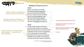 Reflexão do Poeta do canto VII
Luís de Camões, Os Lusíadas, edição de Emanuel Paulo Ramos,
Porto, Porto Editora, 2014, p. 259
anáfora  destaca a quantidade de
peripécias por que o Poeta passou
hipérbole que salienta o milagre da
sobrevivência de Camões, no naufrágio
Camões contava com o reconhecimento
dos portugueses – “capelas de louro” –,
mas foi castigado
 