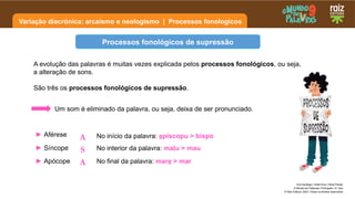 Variação diacrónica: arcaísmo e neologismo | Processos fonologicos
Ana Santiago | Sofia Diniz | Sofia Paixão
O Mundo em Palavras | Português | 9.º ano
© Raiz Editora, 2023 | Todos os direitos reservados
A evolução das palavras é muitas vezes explicada pelos processos fonológicos, ou seja,
a alteração de sons.
São três os processos fonológicos de supressão.
Processos fonológicos de supressão
A
S
A
► Aférese No início da palavra: episcopu > bispo
► Síncope
► Apócope
No interior da palavra: malu > mau
No final da palavra: mare > mar
Um som é eliminado da palavra, ou seja, deixa de ser pronunciado.
 
