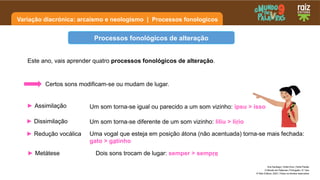 Variação diacrónica: arcaísmo e neologismo | Processos fonologicos
Ana Santiago | Sofia Diniz | Sofia Paixão
O Mundo em Palavras | Português | 9.º ano
© Raiz Editora, 2023 | Todos os direitos reservados
Este ano, vais aprender quatro processos fonológicos de alteração.
Processos fonológicos de alteração
► Dissimilação Um som torna-se diferente de um som vizinho: liliu > lírio
► Redução vocálica
► Metátese
Uma vogal que esteja em posição átona (não acentuada) torna-se mais fechada:
gato > gatinho
Dois sons trocam de lugar: semper > sempre
Certos sons modificam-se ou mudam de lugar.
► Assimilação Um som torna-se igual ou parecido a um som vizinho: ipsu > isso
 