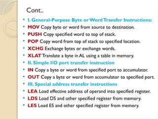 Cont..
 I. General-Purpose Byte orWordTransfer Instructions:
 MOV Copy byte or word from source to destination.
 PUSH Copy specified word to top of stack.
 POP Copy word from top of stack to specified location.
 XCHG Exchange bytes or exchange words.
 XLAT Translate a byte in AL using a table in memory.
 II. Simple I/O port transfer instruction
 IN Copy a byte or word from specified port to accumulator.
 OUT Copy a byte or word from accumulator to specified port.
 III. Special address transfer instructions
 LEA Load effective address of operand into specified register.
 LDS Load DS and other specified register from memory.
 LES Load ES and other specified register from memory.
 