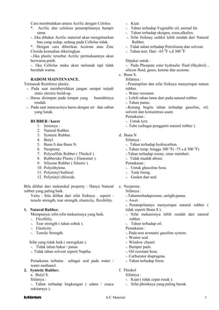 By.M.Kurniyato A/C Material 1
1
Cara membedakan antara Acrilic dengan Celolus:
*. Acrilic dan celolous penampilannya hampir
sama
-. Jika dibakar Acrilic material akan mengeluarkan
bau yang sedap, sedang pada Cellolus tidak.
*. Dengan cara diberikan Acetone atau Zinc
Clorida kemudian dikeringkan
-.Jika plastic tersebut Acrilic permukaannya akan
berwarna putih.
-. Jika Cellolus maka akan melunak tapi tidak
berubah warna.
RADOM MAINTENANCE.
Termasuk Reinforce plastic.
-. Pada saat membersihkan jangan sampai terjadi
static electric build-up.
-. Harus disimpan pada tempat yang humiditinya
rendah.
-. Pada saat mencucinya harus dengan air dan sabun
yang lunak.
RUBBER / karet
1. Jenisnya :
2. Natural Rubber.
3. Syntetic Rubber.
4. Butyl.
5. Buna S dan Buna N.
6. Neoprene.
7. Polysulfide Rubber ( Thiokol ).
8. Rubberuke Plastic ( Elastomer ).
9. Silicone Rubber ( Silastic ).
10. Polyethylene.
11. Polyninyl buthiral.
12. Polyninyl chloxide.
Bila dilihat dari mekanikal property : Hanya Natural
rubber yang paling baik.
Yaitu : bila dilihat dari sifat fisiknya . seperti :
tensile strength, tear strength, elasticity, flexibility.
1. Natural Rubber.
Mempunyai sifst-sifst mekanisnya yang baik.
-. Flexibiliy.
-. Tear strength ( tahan sobek ).
-. Elasticity.
-. Tensile Strength.
Sifat yang tidak baik ( merugikan ).
-. Tidak tahan bakar / panas.
-. Tidak tahan solvent seperti Naptha.
Pemakaian terbatas sebagai seal pada water /
water methanol.
2. Syntetic Rubber.
a. Butyl S.
Sifatnya :
-. Tahan terhadap lingkungan ( udara / cuaca
sekitarnya ).
-. Kuat.
-. Tahan terhadap Vegetable oil, animal fat.
-. Tahan terhadap oksigen, ozon,alkalies.
-. Sifat fisiknay sedikit lebih rendah dari Natural
Rubber.
-. Tidak tahan terhadap Petroliumn dan solvent.
-. Tahan tem. Dari –65 0
F s.d 300 0
F
Dipakai untuk :
-. Pada Phospate ester hydraulic fliud (Skydrol) ,
silicon fluid, gases, ketone dan acetone.
c. Buna S.
Sifatnya :
-.Penampilan dan sifat fisiknya menyerupai natura
rubber.
-. Water resistant.
-. Lebih tahan lama dari pada natural rubber.
-. Tahan panas.
-.Kurang begitu tahan terhadap gasoline, oil,
solvent dan konsentrasi asam
Pemakaian :
-. Untuk tyre.
-. Tube (sebagai pengganti natural rubber ).
d. Buna N
Sifatnya :
-. Tahan terhadap hydrocarbon.
-. Tahan temp. hingga 300 o
F( -75 s.d 300 o
F)
-.Tahan terhadap ozone, sinar matahari.
-. Tidak mudah abrasi.
Pemakaian :
-. Untuk ghasoline hose.
-. Tank lining.
-. Gasket dan seal.
e. Neoprene.
Sifatnya :
-.Tahanterhadapozone, unlight,panas.
-. Awet .
-. Penampilannya menyerupai natural rubber (
tidak seperti Buna S ).
-. Sifat mekanisnya lebih rendah dari natural
rubber.
-. Tahan terhadap oil.
Pemakaian :
-. Pada non aromatic gasoline system.
-. Weater seal.
-. Window chanel.
-. Bumper pads.
-. Oil resistant hose.
-. Carburator diapragma.
-. Tahan terhadap freon.
f. Thiokol
Sifatnya :
-. Kuat ( tidak cepat rusak ).
-. Sifat phisiknya yang paling buruk.
 
