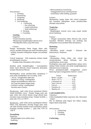 By.M.Kurniyato A/C Material 1
4
Jenis-jenisnya :
1. Anneling.
2. Normalizing.
3. Tempering.
4. Hardening.
5. Case hardening.
a. Carburizing.
-. Gas crburizing.
-. Liquid carburizing.
-. Solid carburizing.
b. Nitriding.
c. Cyaniding.
Anneling.
Fungsinya :
*Untuk menaikkan ductility.
*Mengurangi/menghilangkan internal stress.
*Mendapatkan bahan yang lebih lunak.
Caranya :
Dengan memanaskan bahan hingga diatas suhu
critical, menahan beberapa saat untuk meratakan panas
/ holding, kemudian didinginkan dengan cara perlahan
– lahan.
Critical temperatur : Titik temperatur dimana terjadi
perubahangrain structure.
Keadaan diatas dinamakan solid solution .
Keadaan untuk menghubungkan / mencampurkan
bahan masih dibawah critical temperatur dinamakan
keadaan Mechanical Mixture.
Mendinginkan secara perlahan-lahan mempunyai 3
jenis untuk mendapatkan rate of cooling. Yaitu :
-. Stil air / menggunakan udara luar.
-. Packed air cooling / mendinginkan
dengan memindahkan ke dalam box
lain yang bercampur dengan arang.
-. Furnance cooling / mendinginkan
bersama-sama ovennya.
Decalescene : pada waktu proses pemanasan dimana
terjadi perubahan warna / berpijar hingga suatu saat
pada waktu titik sritical dimana energi dihisab akan
meredup sesaat, kemudian terang / berpijar kembali, +
pada suhu 1325 s.d 1350 0
F .
Recalescene : pada waktu proses pendinginan dimana
bahan yang dipanaskan meredup hingga pada suatu
saat akan memijar kembali sesaat (melepaskan energi)
kemudian meredup kembali, + pada suhu 1250 s.d
1300 0
F
Normalizing.
Fungsinya :
-.Menghilangkan stress akibat strain
hardening.
-.Dalam prakteknya normalizing
mangggantikan proses anneling karena
memerlukan waktu holding yg pendek
Caranya :
Memanaskan sampai diatas titik critical temperatur
lalu kemudian didinginkan secara perlahan-lahan
ditempat yang terbuka.
Tempering .
Fungsinya :
-.Meghilangkan internal stress yang terjadi setelah
proses hardening.
Caranya :
-. Dengan memanaskan bahan dibawah titik critical
kemudian dibiarkan beberapa saat (holding) dan
didinginkan secara perlahan-lahan ditempatnya.
Hardening.
Fungsinya :
-.Menaikkan tensile strength / kekuatan dan
kekerasannya / hardeness.
Catranya :
-.Memanaskan bahan diatas titik critical dan
mempertahankan dalam beberapa saat dan
mendinginkan secara cepat.
Pendinginan yang cepat mengakibatkan adanya stress
didalam bahan tersebut, dan untuk menghilangkannya
dilakukan proses tempering.
Proses pendinginan,dapat menggunakan system
Quencing liquid, menggunakan material / unsure :
Unsure Rapid action
-. Brines / air laut……………….1,00
-. Water ( 70 0
F )…………...…..0,76
-. Cottonseed oil….…….…..…..0,27
-. Neat’s foot oil……….…….....0,25
-. Fish oil………………………..0,23
-. Farrafine oil…………………..0,20
-. Machine oli…………………...0,17
CASE HARDENING.
Tujuannya :
Untuk mendapatkan bahan yang keras, dan tahan kejut
/ impact.
Dal ini dilakukan pada bagian luar bahan, sedang
bagian dalam tetap lunak.
Jenis-jenisnya :
1. Carburizing.
2. Nitriding.
3. Cyaniding.
Carburizing.
 