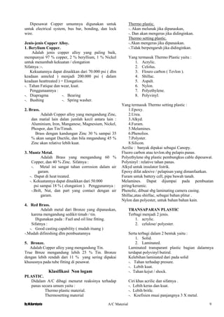 By.M.Kurniyato A/C Material 9
Dipesawat Copper umumnya digunakan untuk
untuk electrical system, bus bar, bonding, dan lock
wire.
Jenis-jenis Copper Alloy.
1. Berylium Copper.
Adalah jenis copper alloy yang paling baik,
mempunyai 97 % copper, 2 % beryllium, 1 % Nickel
untuk menambah kekuatan / elongation
Sifatnya :-.
Kekuatannya dapat dinaikkan dari 70.000 psi ( dlm
keadaan anneled ) menjadi 200.000 psi ( dalam
keadaan heattreated ) = Elongation.
-. Tahan Fatique dan wear, kuat.
Penggunaannya :
-. Diapragma -. Bearing
-. Bushing -. Spring washer.
2. Brass.
Adalah Copper alloy yang mengandung Zinc,
dan matial lain dalan jumlah kecil antara lain :
Aluminium, Iron, Manganese, Magnesium, Nickel,
Phospor, dan Tin/Timah.
Brass dengan kandungan Zinc 30 % sampai 35
% akan sangat Ductile, dan bila mngandung 45 %
Zinc akan relative lebih kuat.
3. Muntz Metal.
Adalah Brass yang mengandung 60 %
Copper, dan 40 % Zinc. Sifatnya :
-. Metal ini sangat tahan corrosion dalam air
garam.
-. Dapat di heat treated.
-. Kekuatannya dapat dinaikkan dari 50.000
psi sampai 18 % ( elongation ). Penggunannya :
-.Bolt, Nut, dan part yang contact dengan air
garam.
4. Red Brass.
Adalah metal dari Bronze yang dipanaskan,
karena mengandung sedikit timah / tin.
Digunakan pada : Fuel and oil line fitting.
Sifatnya :
-. Good casting capability ( mudah ituang )
-.Mudah difinishing dlm pembuatannya
5. Bronze.
Adalah Copper alloy yang mengandung Tin.
True Brnze mengandung lebih 25 % Tin. Bronze
dengan lebih rendah dari 11 % yang sering dipakai
khususnya pada tube fitting di pesawat.
Klasifikasi Non logam
PLASTIC.
Didalam A/C dibagi menurut reaksinya terhadap
panas secara umum yaitu :
Thermo plastic material.
Thermosetting material
Thermo plastic.
-. Akan melunak jika dipanaskan,
-. Dan akan mengeras jika didinginkan.
Thermo setting plastic.
-.Akan mengeras jika dipanaskan.
-.Tidak berpengaruh jika didinginkan.
Yang termasuk Thermo Plastic yaitu :
1. Acrylic.
2. Celolus.
3. Flouro carbon ( Tevlon ).
4. Shillac.
5. Aspalt.
6. Nylon.
7. Polyethylene.
8. Polyvinyl.
Yang termasuk Thermo setting plastic :
1.Epoxy.
2.Urea.
3.Alkyd.
4.Furam.
5.Melamines.
6.Phenolios.
7.Polyster.
8.Silicon.
Acrilic : banyak dipakai sebagai Canopy.
Fluoro carbon atau tevlon.sbg pelapis panas.
Polyethylene sbg plastic pembungkus cable dipesawat.
Polyninyl : relative tahan panas.
Alkyd untuk insulator listrik.
Epoxy difat adesive / pelapisan yang dimanfaatkan.
Furam untuk battery cell, pipa bawah tanah.
Melamines. Dapat dijumpai pada pembuatan
piring/keramic.
Phenolic, dibuat sbg laminating camera casing.
Shillac,atau shirllac, sebagai bahan plitur .
Nylon dan polyester, untuk bahan bahan kain.
TRANSAPARAN PLASTIC
Terbagi menjadi 2 jenis.
1. acrylic.
2. celulose/ polyester.
Serta terbagi dalam 2 bentuk yaitu :
1. Solid.
2. Laminated.
Laminated transparant plastic bagian dalamnya
terdapat polyvinyl butiral.
Kelebihan laminated dari pada solid
-. Tahan terhadap presure.
-. Lebih kuat.
-. Tahan kejut / shock.
Ciri khas acrilic dan sifatnya .
-. Lebih keras dan kuat.
-. Lebih britle.
-. Koefisien muai panjangnya 3 X metal.
 