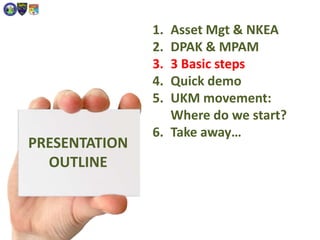 PRESENTATION
OUTLINE
1. Asset Mgt & NKEA
2. DPAK & MPAM
3. 3 Basic steps
4. Quick demo
5. UKM movement:
Where do we start?
6. Take away…
 