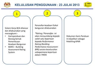 KELULUSAN PENGGUNAAN : 23 JULAI 2013
Sistem Kerja BCA dilancar
dan dilaksanakan yang
merangkumi:-
• Garispanduan dan
Borang Semak
Pemeriksaan
Keadaan Bangunan
• BARIS – Building
Assessment Rating
System
1
Penarafan keadaan fizikal
bangunan dilaksanakan
*Rating / Penarafan ini
akan menyumbang kepada
salah satu keperluan
kepada Performance
Rating (Building
Performance Assessment-
BPA) secara keseluruhan
sebagaimana keperluan
dalam TPATA
2
Dokumen Garis Panduan
ini dijadikan sebagai
Pekeliling KPKR
3
 