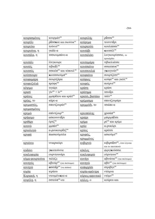 -204-
κουρασμένος κουρμάτου
κουρελής ϼἔσσκου
κουρέλι ϼἔσσκαε και σκούτικου
κούρεμα τουνντἔρι
κουρεύω τούνντου
κουρκούτι κουλιάσσιου
κουρούνα, η γκάϊε-α κουτάβι καιτσέλου
κουτάλα, η τσσιουμπάνε-α κουταλάκι λινγκουρίτσσιε, το
προκάρδιο
κουτάλι λίνγκουρε κουταμάρα τιβικιλιάτσε
κουτός τιβικἔλου
κουτσαίνω σσκιώπυκου
κουτσός σσκιόπου
και τόπουλου
κουτσουλιά γκαιγινάτου
κούτσουρο καιτσσιούμπου
κουφαίνω σουρτζέστου
κουφαμάρα σουρτζάρα κούφιος κούφιου
και γκόλου
κουφοξυλιά πρόφκου
κουφός σούρντου
κόψιμο τιγιάρι κράση κράσι
κρασί γίνου
+ ίνου
κράτημα τσινἔρι
κράτος μμπρἔτου και κράτου
κρατώ, βαστάω τσένου
κρέας, το κάϼε-α κρέμασμα σπιντζουράρι
κρεμαστός,
κρεμασμένος
σπιντζουράτου
κρεμμύδι, το τσιάπε-α
κρεμώ σπίντζουρου
κρεοπώλης χρισάπου
κρήψιμο ασκουνντἔρι κριάρι μπιρμπἔτσι
κριθάρι όρτζου
κρίμα ϼέου
και κρίμε
κουνώ μμπάτου
κρύο α-ϼυκώρι
κρυολογώ α-ϼουκουρἔτζου
κρύος αϼάτσι
κρυφά πιασκούμτιλα κρυφός,
κρυμμένος
ασκούμτου
κρυώνω ννιαϼικώρι κυβερνώ κιβιϼσἔστου
, έτσι λέγεται
και το τακτοποιώ
κυδώνι γκαιτούννιε κύκλος φιριγκούσσιε
κυκλοφορία ουρντουνάρι κυκλοφορώ ούρντουνου
κύμα-φουρτούνα ταλάζε κυνήγι αβινάτικου
(για σκότωμα)
κυνηγός αβινάρου
(για σκότωμα) κυνηγώ αβίνου
(για σκότωμα)
κυνηγώ ασστἔϼου
(να πιάσω) κυπαρρίσι στριβίγιου
κυρία κιράου κυρία-αφέντρα ντώμνα
Κυριακή, η ντουμένικαε-α κύριος-αφεντικό ντόμνου
κυψέλη, η σστούπου
-ου κώλος, ο κούϼου και
 