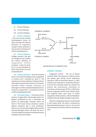 Anaesthesiology M.P. 5
(i) ExtrinsicPathways
(ii) IntrinsicPathways
(iii) CommonPathways
- The tissue trauma releases
thromboplastin (factor III)
which activates the extrinsic
pathways of coagulation
cascade. Further activation is
done by factor VII & factor IV
toformactivatedfactorX.
Collagen present in the wall
of damaged vessel activates
the intrinsic pathways of
c o a g u l a t i o n . F u r t h e r
activation is done by factor
XII, XI, IX and thereafter by
factor VIII & factor V to form
activatedfactorX.
Once the activated
factor X is formed the pathway of the coagulation
is common and is activated by factor X. The
activation of common pathway is helped by factor
IV&VwhichconvertsProthrombinintoThrombin.
Thrombin further activates conversion of
FibrinogenintoFibrin(soluble)helpedbyfactorIV.
Finally the soluble fibrin is converted into fibrin
clot(firm)helpedbyfactorXIII.
The function of this
system is to digest fibrin. Plasminogen which is B-
globulin synthesized by liver is converted into
plasmin by plasminogen activators which are
found in the tissues (tissue activators), plasma
(plasma activators) and in urine (urokinase).
Plasmin is an enzyme which digests fibrin and also
destroys fibrinogen, factor V & factor VIII, but is
normallyrapidlyinactivatedinthebloodstreamby
antiplasminspresentinblood.
(i) Extrinsic Pathways:
(ii) Intrinsic Pathways:-
(iii) Common Pathways: -
(iv) Fibrinolytic System: -
EXTERNAL PATHWAY
Coagulation Factors: - The use of Roman
numerals rather than eponyms or systemic names
was agreed upon during annual conferences
(starting in 1955) of hemostasis experts. In 1962,
consensus was achieved on numbering of factors I
to XII by this committee which has evolved into
present day International Committee on
Thrombosis and Hemostasis (ICTH). In 1963 factor
XIII was recognized and the names Fletcher factor
and Fitzgerald factor were given to further
coagulation related proteins, namely Prekallikrein
andhighmolecularweightkininogenrespectively.
Majority of coagulation factors are synthesized
in liver except factor VIII which is produced by
Reticuloendothelial system. Factor II, VII, IX and X
requirepresenceofVitaminKfortheirsynthesisby
Liver.
EXTERNAL PATHWAY
Tissue Trauma
VII IV
Fact III
VIII
XI IX
X
IV
Fact. XII
COLLAGEN
INTERNAL PATHWAY
Schematic diagram of Coagulation Cascade
Thrombin
Fibrinogen
Fibrin (Soluble)
XIII
Fibrin Clot
Prothrombin
IV
V
 