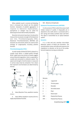 When platelet count is normal and bleeding
time is increased one should see the platelet
function. Evaluation of platelet aggregation in
response to Adenosine diaphosphates,
epinephrine or collagen may be useful for
detectingfunctionalabnormalityofplatelets.
Recently instruments have been introduced to
measuretheviscoelasticstrengthofthebloodclot
over time. Thromboelastography (TEG),
Rotational Thromboelstometry (ROTEM) and
Sonoclot are instruments which are used to elicit
etiology of coagulopathy including platelet
function.
A small sample of blood (0.35ml) is placed in a
cuvette (cup) which is rotated gently through
40.45’ angle (cycle time 6/mt) to imitate sluggish
venousflowandcoagulation.Apinissuspendedin
cuvette and connected to a detector system. The
speed and strength of clot formation is measured
in various ways (now by computer). Four values
that represent clot formation are determined by
thetest.
R Value (Reaction Time, waveform reaches
2mm.)
K Value (When waveform reaches 20 mm.)
angle(slopbetweenRandK)
Thromboelastography (TEG):-
MA (MaximumAmplitude)
It is the version of TEG in which the sensor shaft
rotates instead of cuvette. A disposable pin is
attached to the shaft which is connected with a
thin spring and slowly oscillates back and forth.
The signal is transmitted via an optical detector
system.
It is a new and very sensitive visco-elastic
detection system of blood clot formation. The
sonoclot piston moves vertically and measures the
impedance to vibration at the tip of the probe.
Sonoclotsignaturetracingsareobtained.
Minutes
A - Lagperiod
B - Primarywave
C - Shoulder
D - Secondarywave
E - Peak
F - Downwave
PRP - PlateletRichPlasma
PPP - PlateletPoorPlasma
Rotational Thromboelstometry (ROTEM):-
Sonoclot:-
Anaesthesiology M.P. 7
 