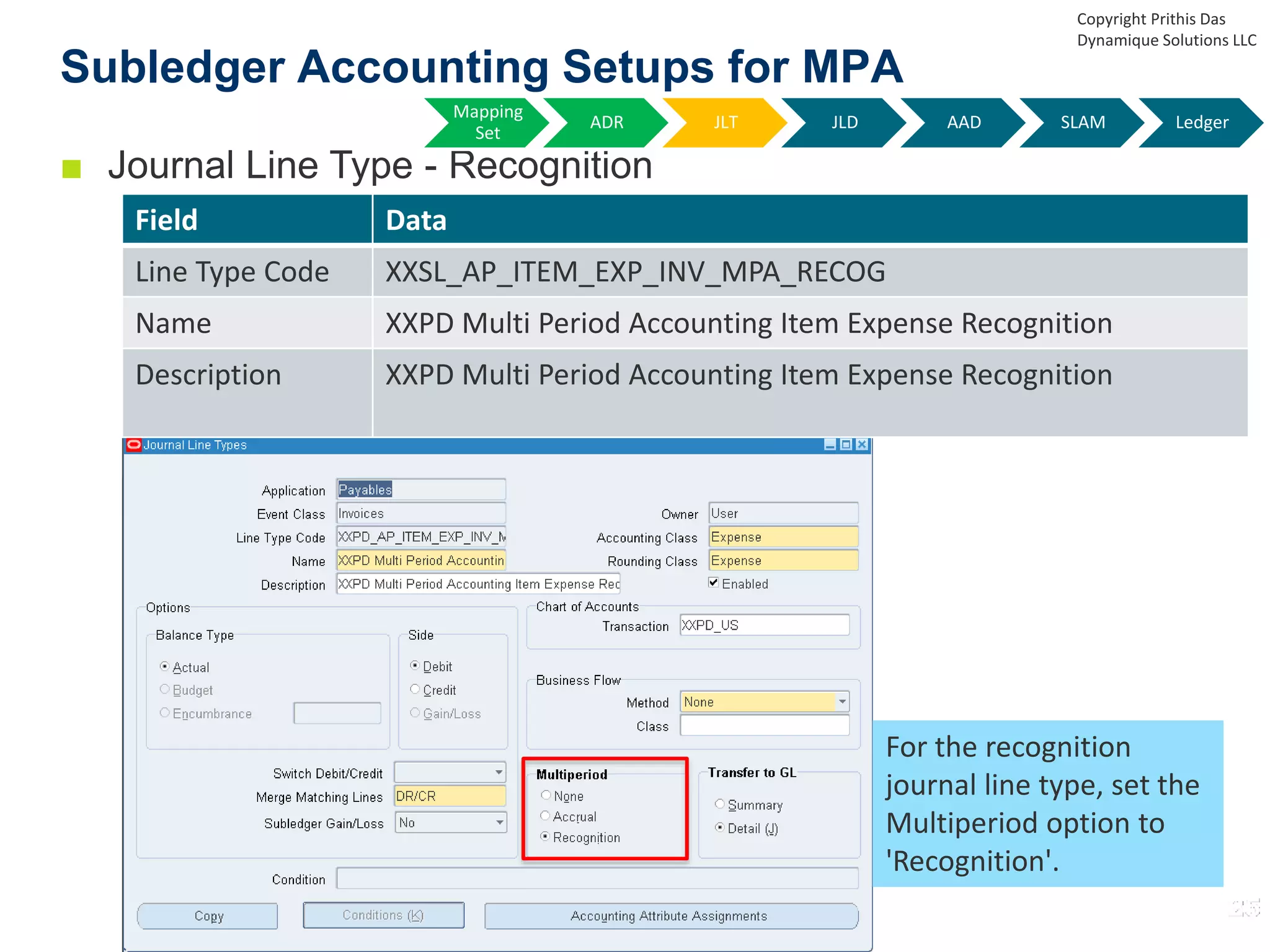 ■ Journal Line Type - Recognition
Subledger Accounting Setups for MPA
Field Data
Line Type Code XXSL_AP_ITEM_EXP_INV_MPA_RECOG
Name XXPD Multi Period Accounting Item Expense Recognition
Description XXPD Multi Period Accounting Item Expense Recognition
For the recognition
journal line type, set the
Multiperiod option to
'Recognition'.
Copyright Prithis Das
Dynamique Solutions LLC
Mapping
Set
ADR JLT JLD AAD SLAM Ledger
 