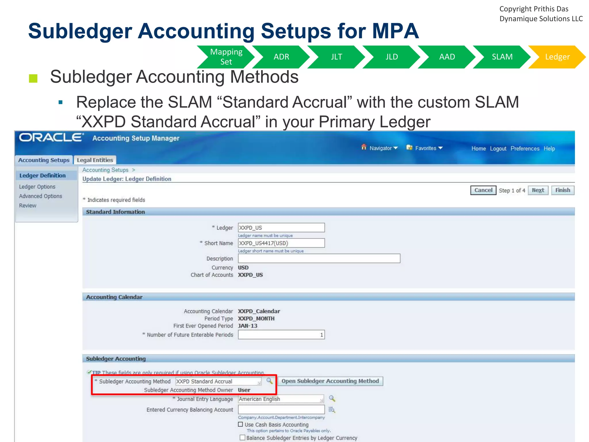 ■ Subledger Accounting Methods
▪ Replace the SLAM “Standard Accrual” with the custom SLAM
“XXPD Standard Accrual” in your Primary Ledger
Subledger Accounting Setups for MPA
Copyright Prithis Das
Dynamique Solutions LLC
Mapping
Set
ADR JLT JLD AAD SLAM Ledger
 